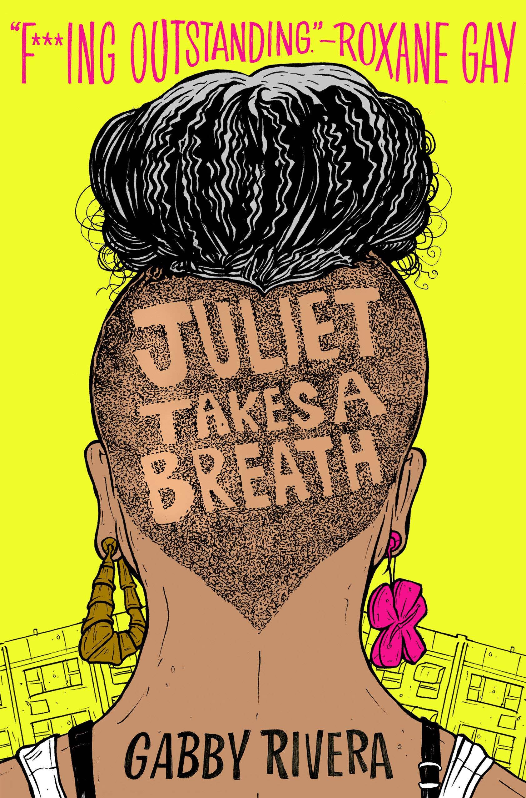 "Juliet takes a breath" cover featuring an illustration of the back of a person's head with their hair up in a bun and the title of the book shaved into their undercut.